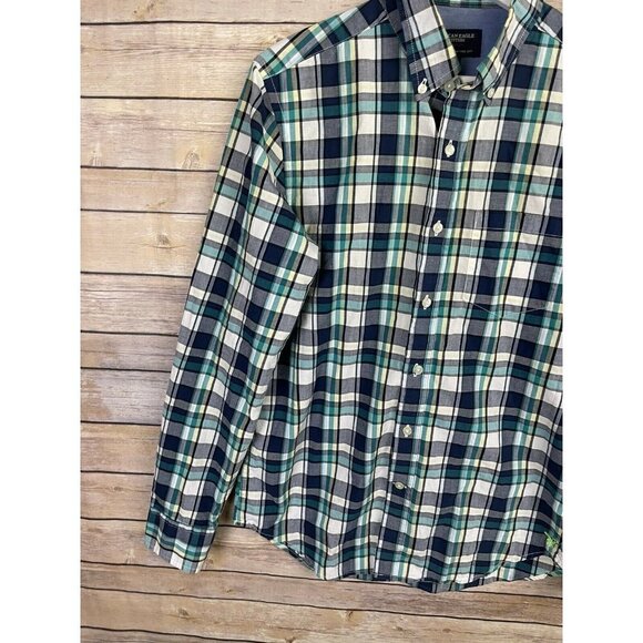 American Eagle Mens Small Athletic Fit Plaid Button Down Shirt Blue White Yellow - Picture 3 of 12